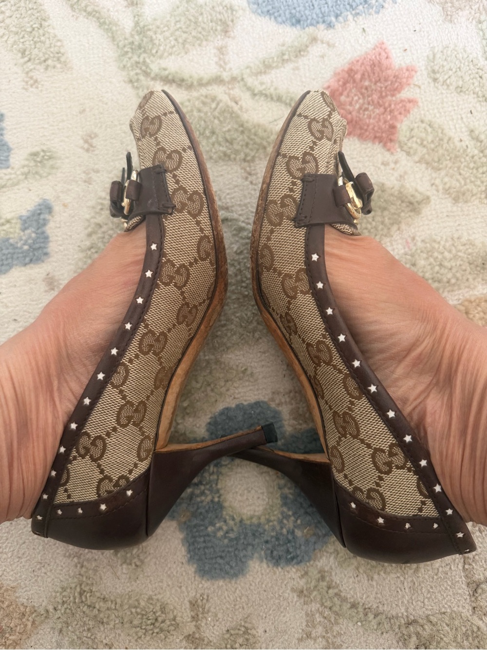 Gucci Brown GG Canvas Leather Trim Pointed Toe Flats with Gold Horsebit size 6 - Picture 7 of 8